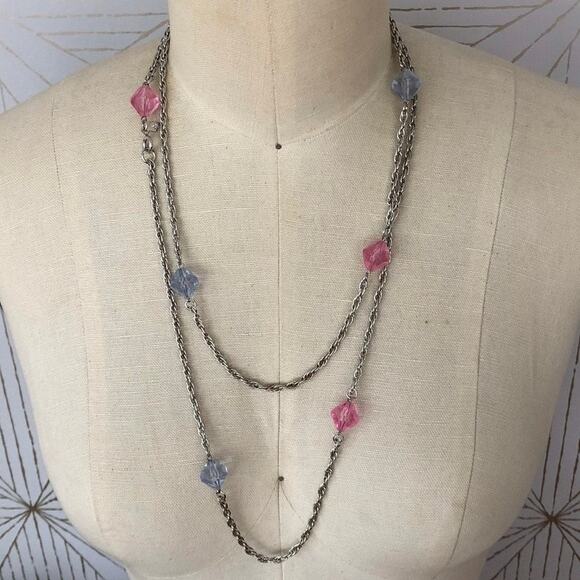 Sarah Coventry Jewelry - Vintage Sarah Coventry silver tone pink and blue long necklace signed